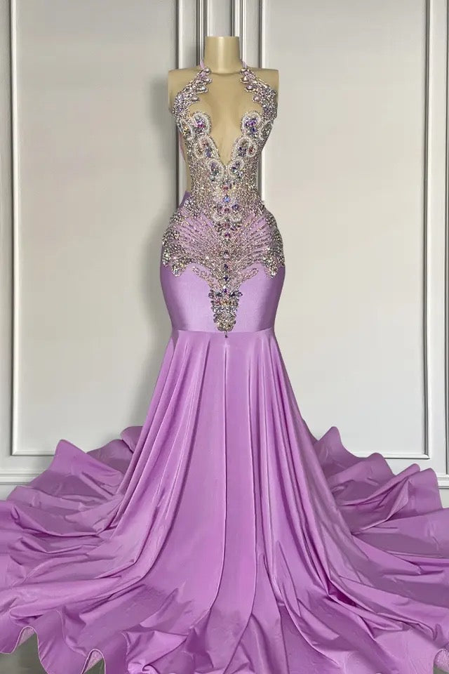Long Lilac Sleeveless Halter Mermaid Prom Dress With Beadings