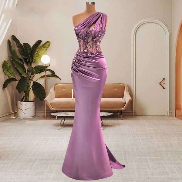 Lilac One Shoulder Mermaid Prom Dress with Beads