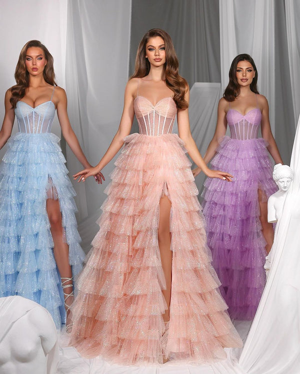 Prom Dress with Spaghetti Straps Sweetheart Neckline Tulle Layers and Split Hem