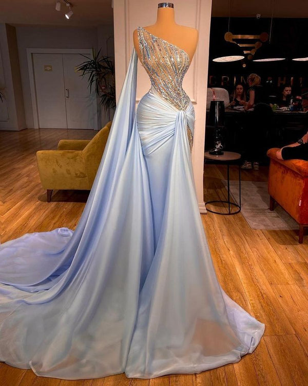 Baby Blue One Shoulder Mermaid Prom Dress with Ruffles Sequins and Beads