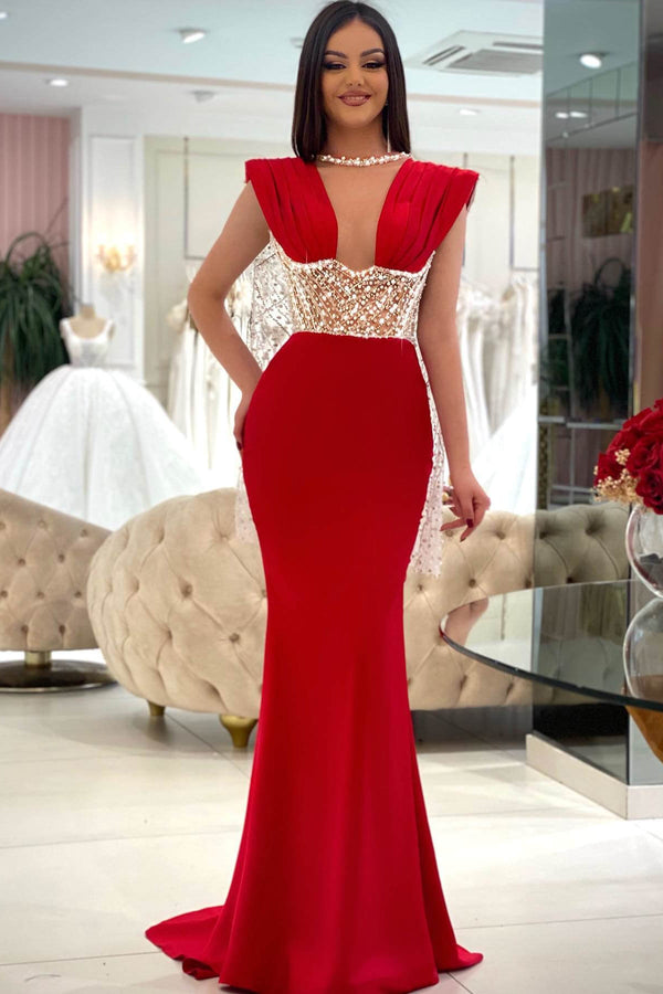 Sleeveless Red Mermaid Prom Dresses with Beads and Pearls