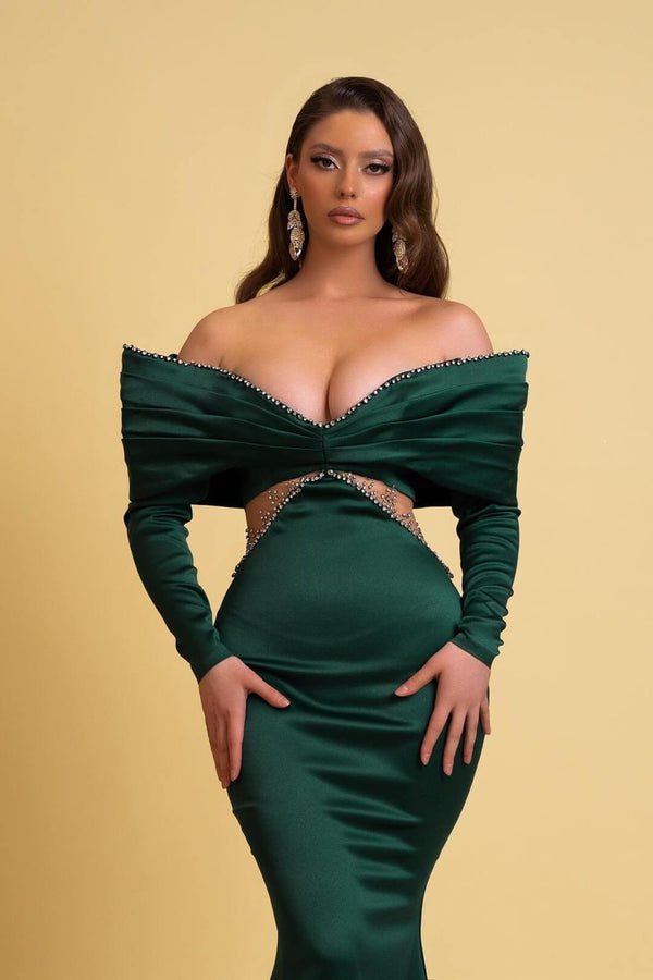 Dark Green Off-Shoulder Long Sleeve Mermaid Evening Prom Dresses with Beads