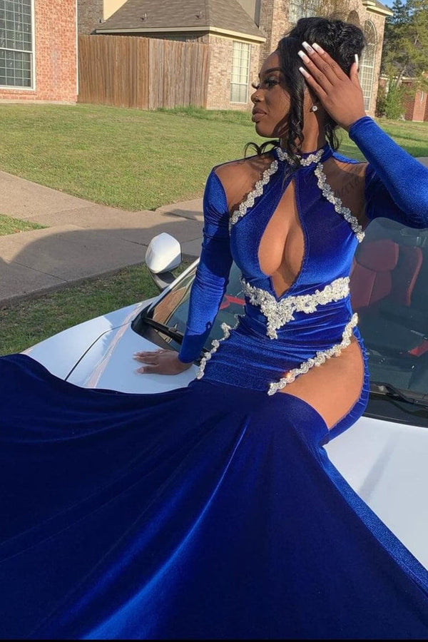 Hurry! Royal Blue High Neck Long Sleeves Mermaid Prom Dresses With Beadings