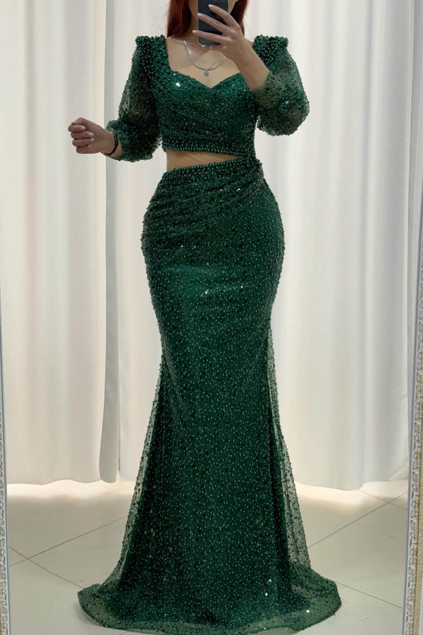 Dark Green Sweetheart Long Sleeves Mermaid Prom Dress Featuring Sequins and Pearls