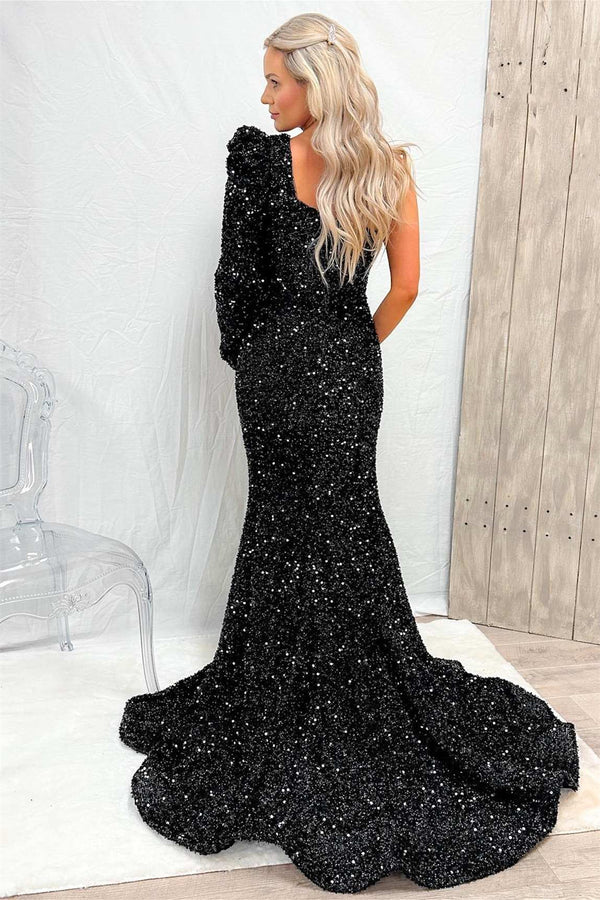 Black One Shoulder Long Sleeve Mermaid Prom Dress with Sequins and Split