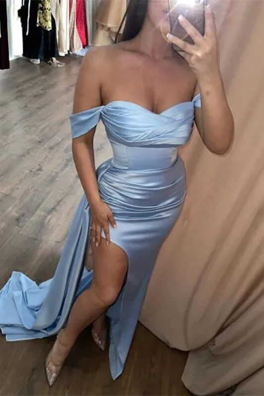Sky Blue Mermaid Prom Dress Off-the-Shoulder with Sweetheart Neckline and Split Ruffles