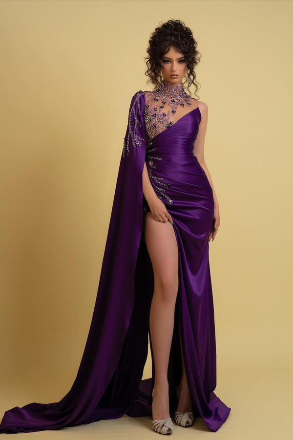 Mermaid Evening Prom Dress: High Neck with Split Beadings and Ruffles Purple