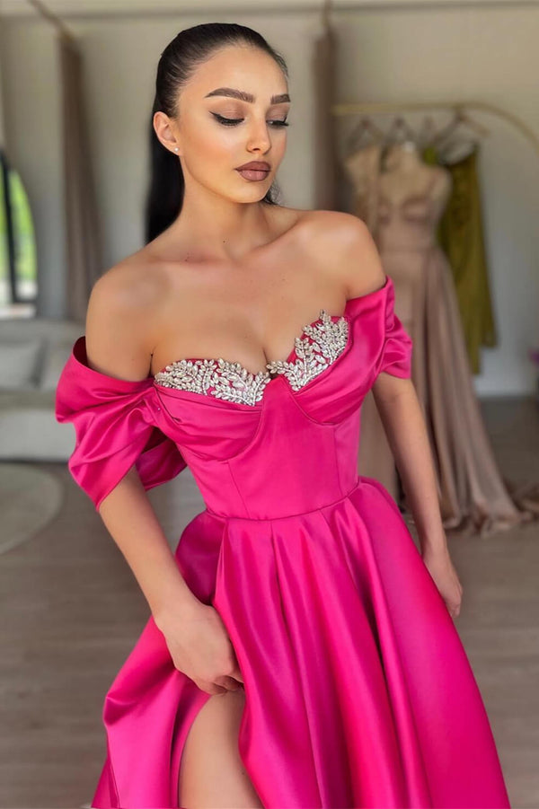 Hot Pink Prom Dress featuring Off-the-Shoulder Design Long Slit and Bead Embellishments