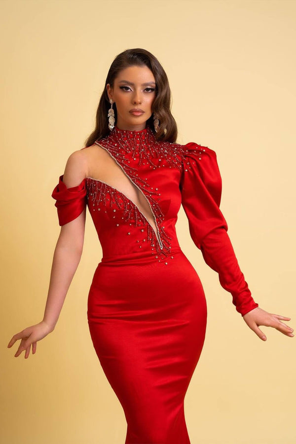 Red Long Sleeve High Neck Mermaid Prom Dress with Beads