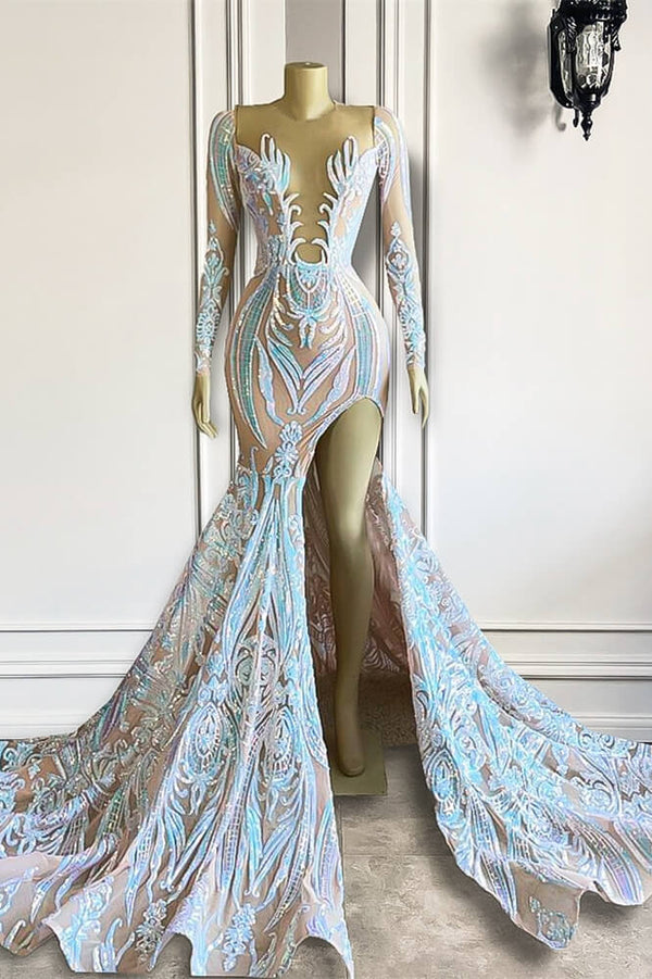 Sequins Split Mermaid Prom Dresses with Long Sleeves