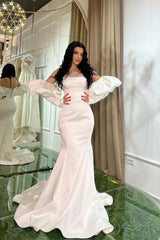 Strapless White Mermaid Prom Dress Lace-Up Back Detachable Sleeves