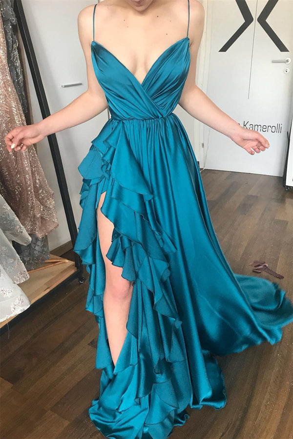 Spaghetti-Straps V-Neck Sleeveless Mermaid Prom Dress With Ruffles Split in Ink Blue