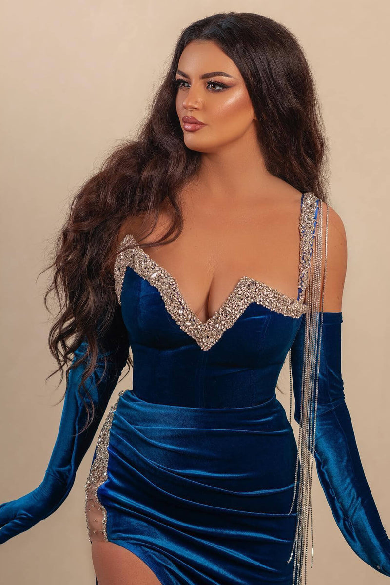 Blue One Shoulder Straps Prom Dress Mermaid Velvet Split Beads