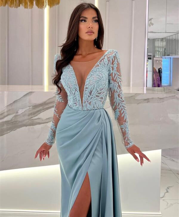 Prom Dress: Long Sleeves V-Neck Mermaid Split with Sequins Beads in Dusty Blue