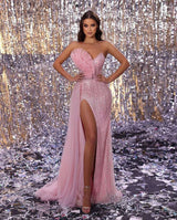 Pink Mermaid Prom Dress With Split Long Beads