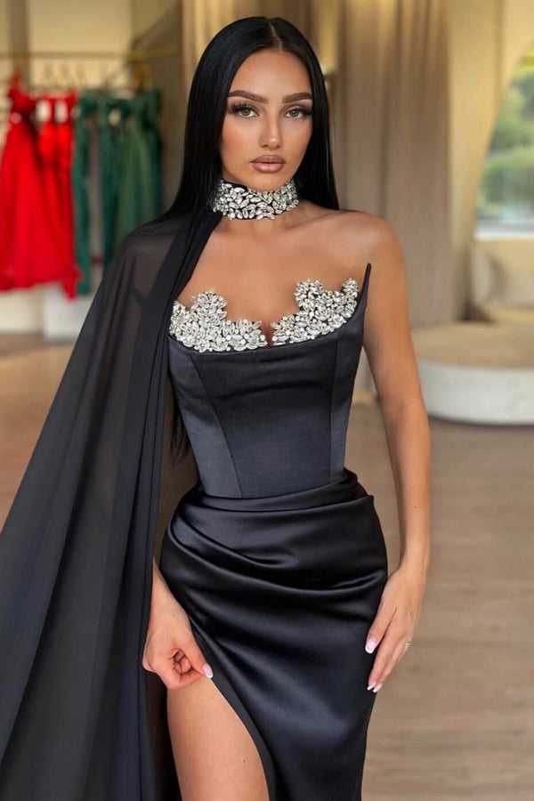 Black Long Split Mermaid Prom Dress with Crystal Removable Ruffle