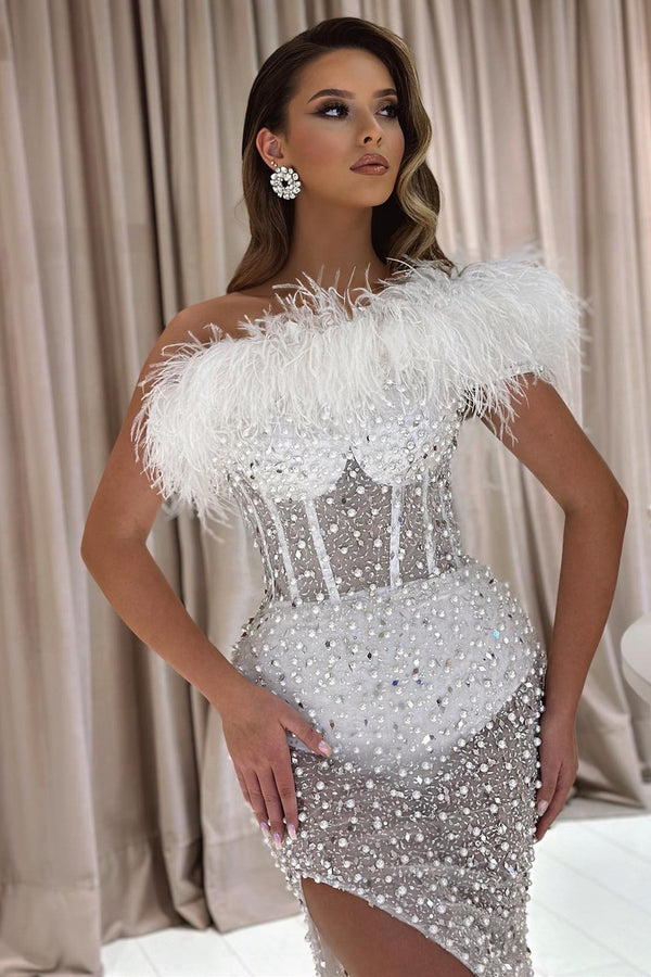 White Mermaid Prom Dress with Off-the-Shoulder Style Slit Pearls Feathers and Sequins