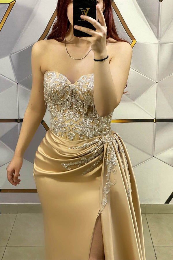 Sleeveless Mermaid Prom Dresses with Gold Appliques and Split Ruffles