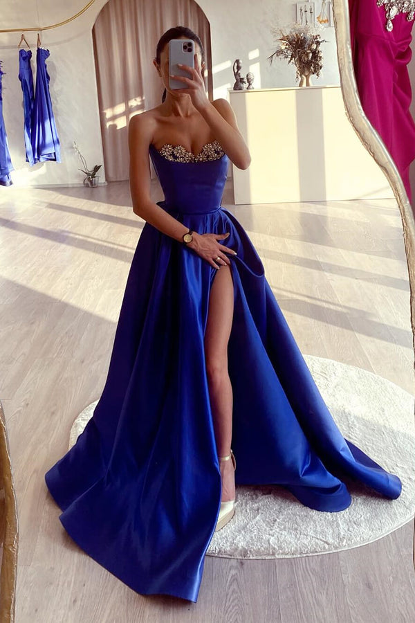Royal blue sleeveless A-line evening prom dress with sweetheart neckline and split beads