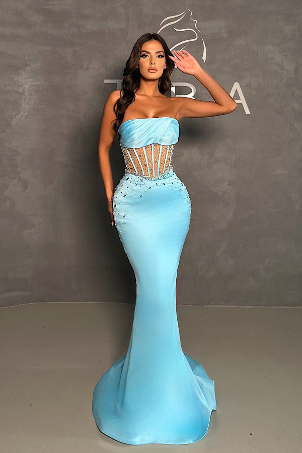 Sky Blue Strapless Sleeveless Mermaid Prom Dress With Beads