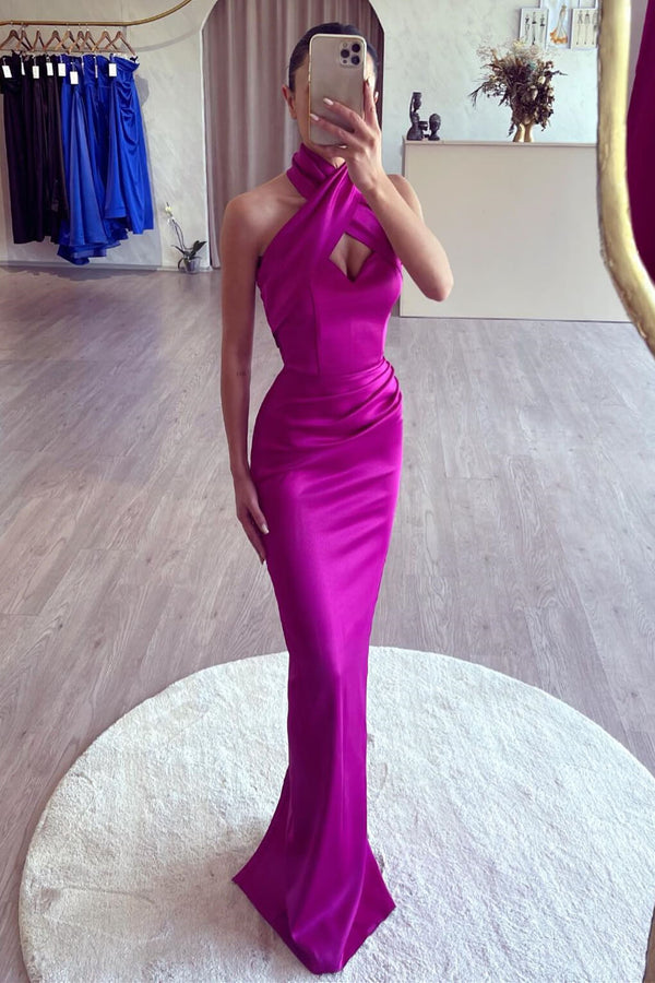 Purple Halter Sleeveless Keyhole Mermaid Evening Prom Dresses