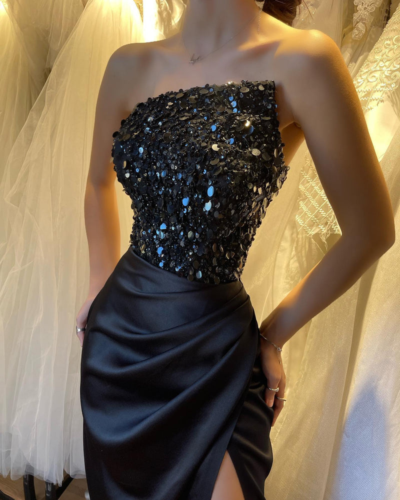 Black Sequin Split Long Strapless Prom Dress Sleeveless