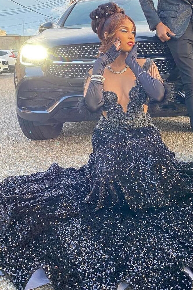 V-Neck Mermaid Prom Dresses Black With Sequins Beadings