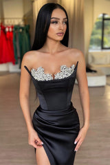Black Mermaid Prom Dress with Split Long Crystal Removable Ruffle