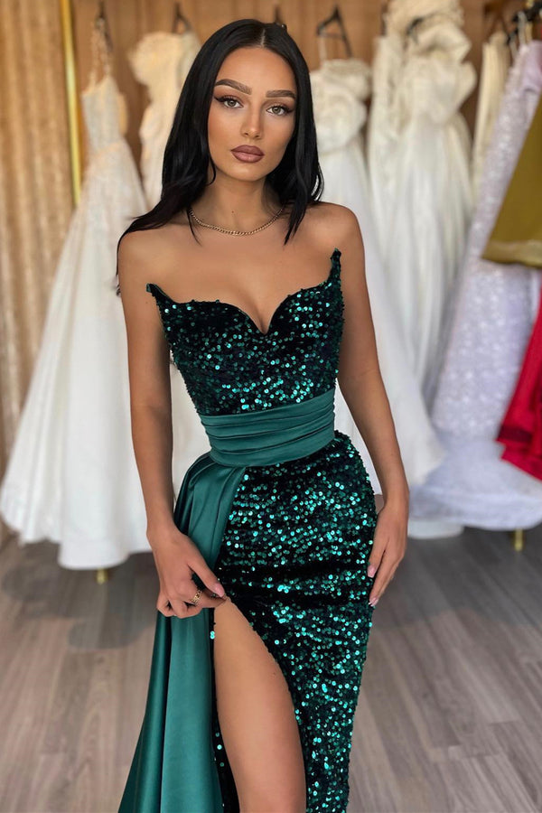 Emerald Green Sweetheart Prom Dress with Sequins Mermaid Style and Slit