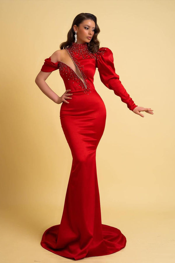 Red Long Sleeve High Neck Mermaid Prom Dress with Beads