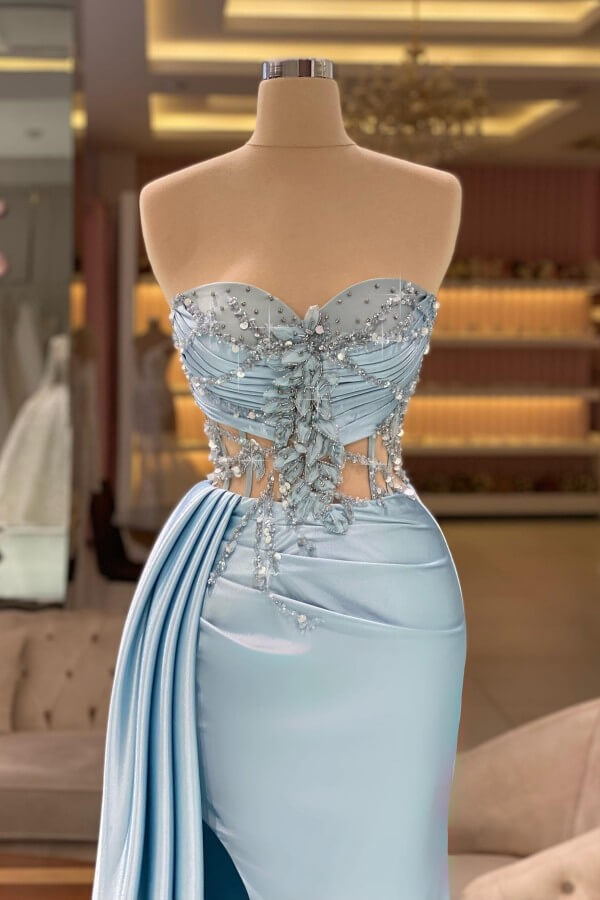 Blue Mermaid Dress with Sweetheart Neckline Slit Ruffles and Beads