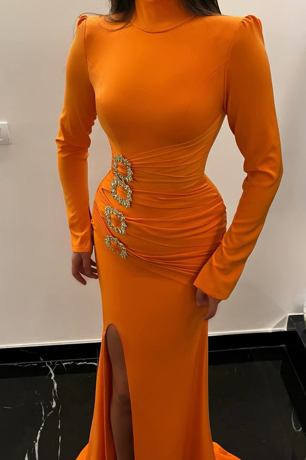 Orange Mermaid Prom Dress with High Neck and Long Sleeves
