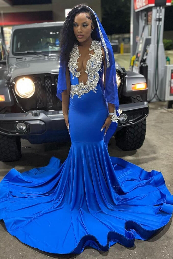 Royal Blue V-Neck Mermaid Prom Dresses With Beadings