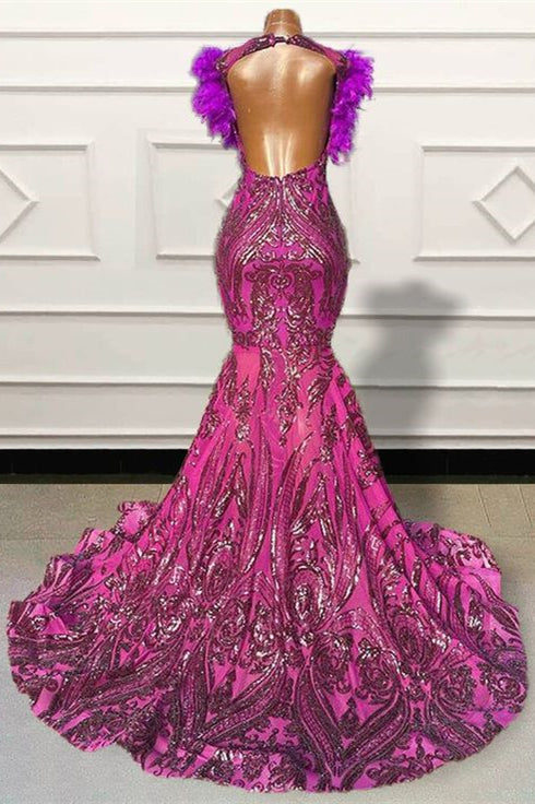 Purple Mermaid Prom Dress with Feather Scoop Neckline Sequins and Backless Design
