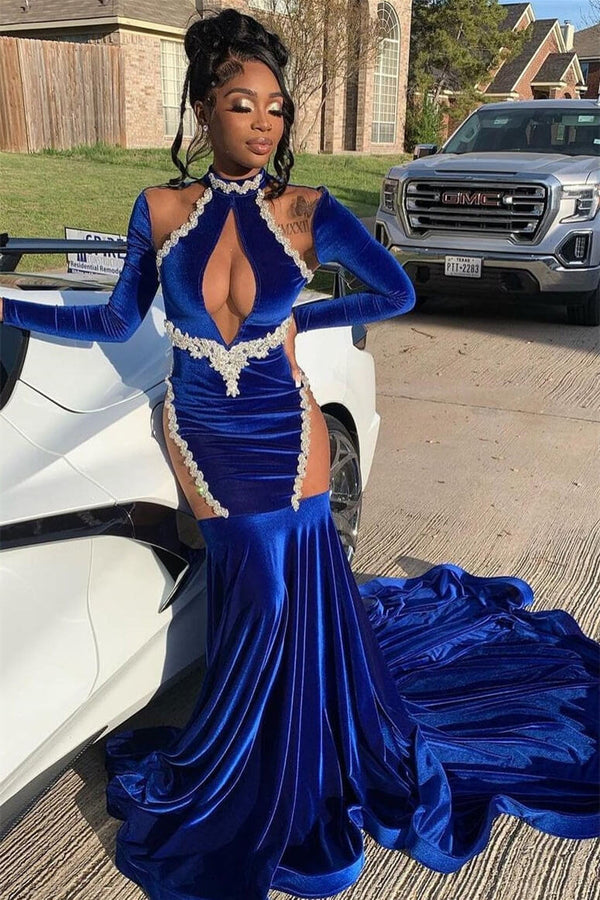 Hurry! Royal Blue High Neck Long Sleeves Mermaid Prom Dresses With Beadings