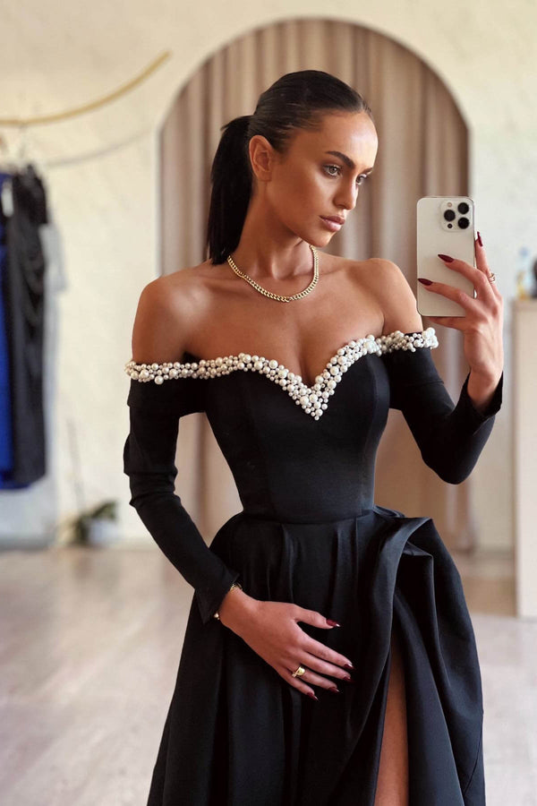 Black Long Sleeves High Split Off-the-Shoulder Prom Dress with Pearls
