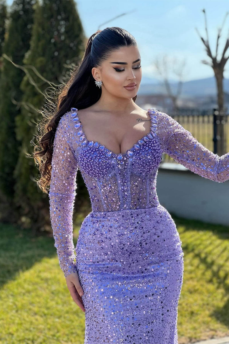 Lilac Mermaid Prom Dresses with Long Sleeves Sequins Beadings and Pearls
