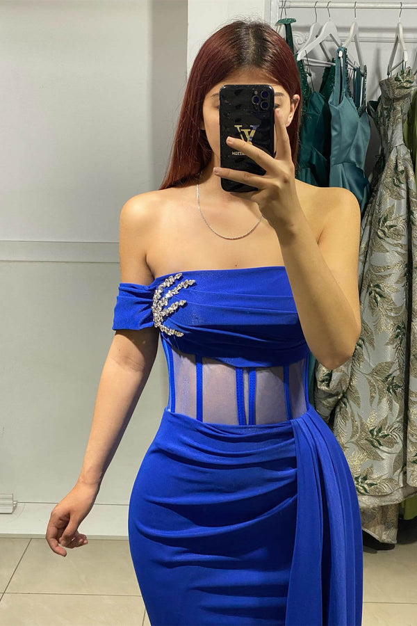 Royal Blue Mermaid One Shoulder Dress with Beads and Ruffles