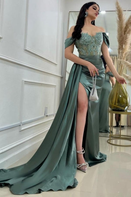 A-Line Floor-Length Stain Off-The-Shoulder Split Front Sweetheart Prom Gown with Lace