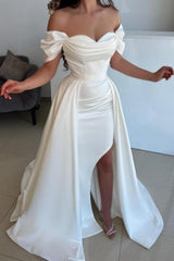A-Line Split Front Off-The-Shoulder Sweetheart Stain Prom Gown with Ruffles