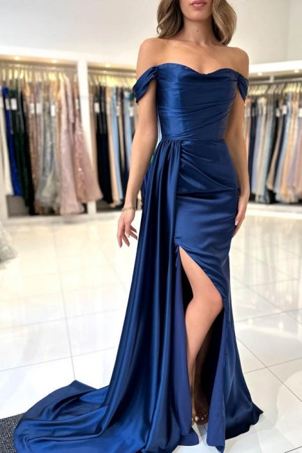 A-Line Stain Royal Blue Sweetheart Split Front Off-the-Shoulder Strapless Prom Gown with Ruffles
