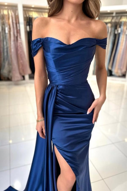 A-Line Stain Royal Blue Sweetheart Split Front Off-the-Shoulder Strapless Prom Gown with Ruffles