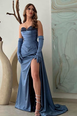 A-Line Sweetheart Floor-Length Split Front Strapless Stain Prom Gown with Beadings