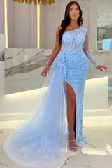 Column Floor-Length Split Front Sky Blue Tulle One Shoulder Long Sleeve Prom Gown with Lace