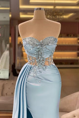 Column Split Front Floor-Length Sweetheart Strapless Sleeveless Sky Blue Ruffle Stain Prom Gown with Beadings