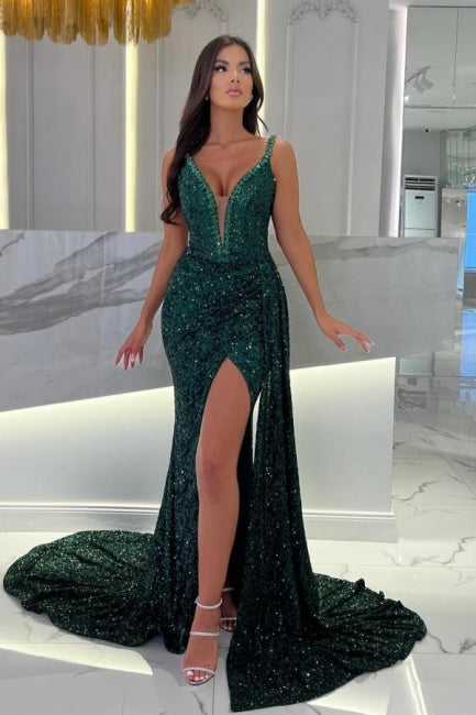 Floor-Length Dark Green Straps Sweetheart Column Split Front Prom Gown with Sequins