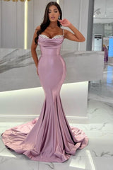 Mermaid Wisteria Ruffles Spaghetti Straps Floor-Length Sweetheart Stain Sleeveless Prom Gown with Beadings
