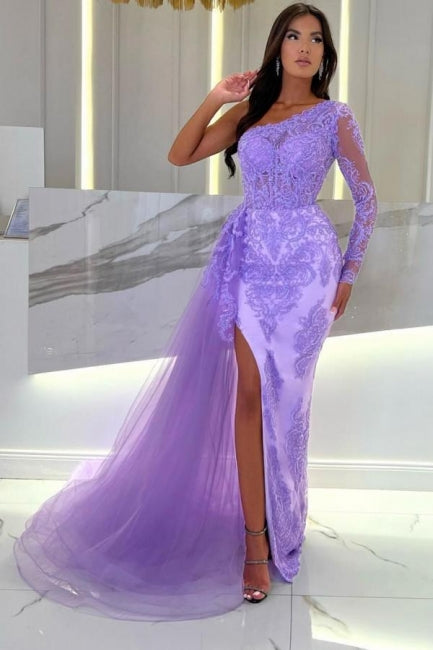 One Shoulder Column Long Sleeve Split Front Tulle Floor-Length Prom Gown with Lace