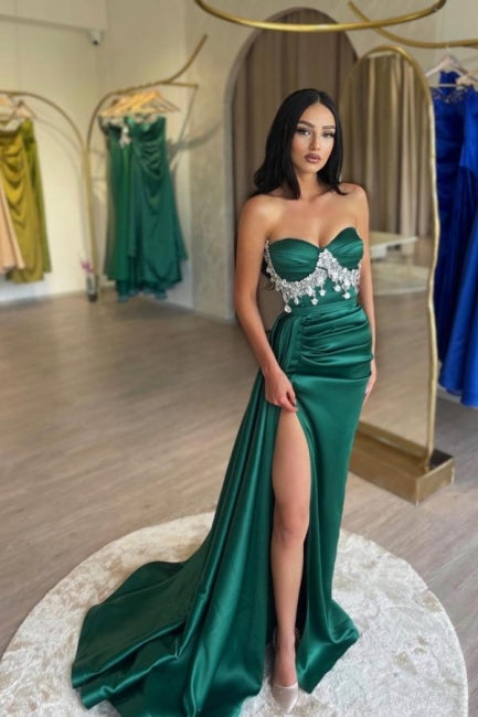 Split Front Dark Green Stain A-Line Sweetheart Sleeveless Prom Gown with Beadings