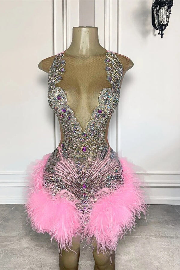 Pink Sleeveless Scoop Neck Short Prom Dress with Beadings Crystals and Feathers